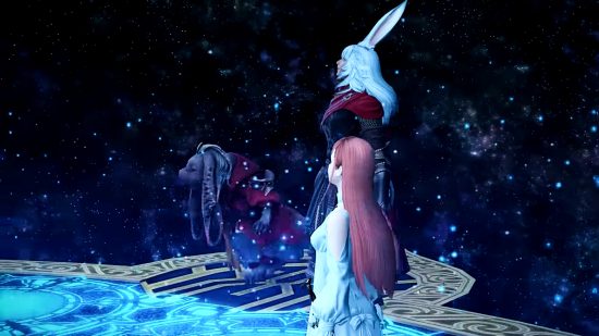 FFXIV patch 6.5 Growing Light - Lyna and Ryne stand on a platform in a star-filled void.