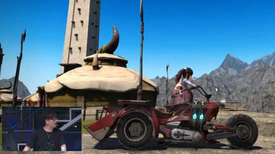 FFXIV patch 6.5 Growing Light - Naoki Yoshida shows off the new motorbike mount, his Lalafell stood on its seat.