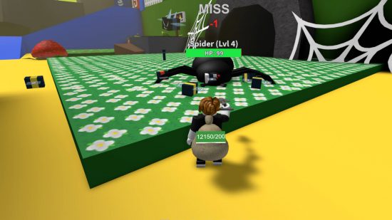 Bee Swarm Simulator codes: A Roblox man and his bees are trying to attack a spider.