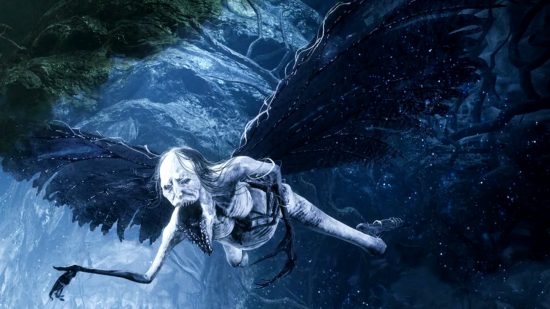 A winged creature with a large open mouth flies through the air in Lords of the Fallen multiplayer,