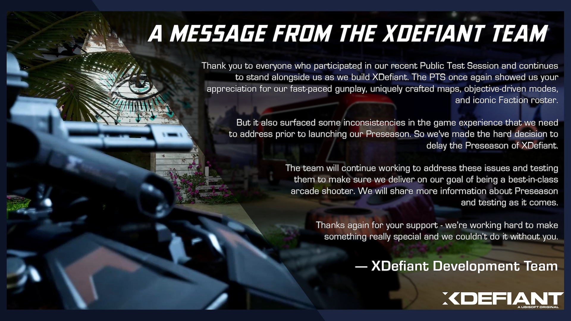 Ubisoft's post declaring the XDefiant release delay