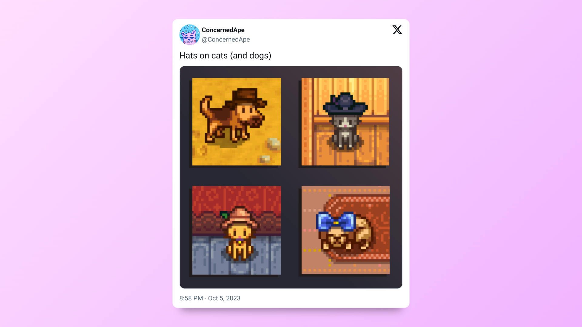ConcernedApe's post teasing Stardew Valley's 1.6 update, specifically hats on pets